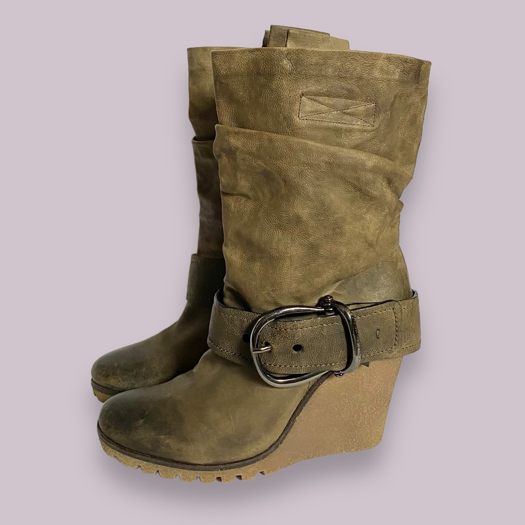 Kennel & Schmenger Olive Green Leather Wedge Slouch Mid Calf Boots Sz 40 / 9
